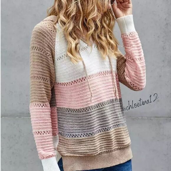 NEW Color Block Knit Pullover Hoodie - Wine Grey Mix - Picture 5 of 12